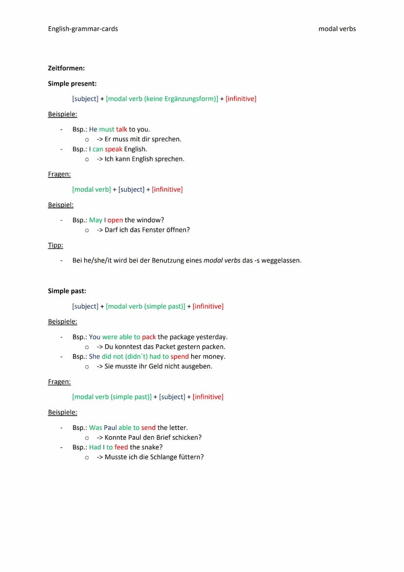 English-grammar-cards
2.2 modal verbs
Was?
Die Modalverben oder auch Hilfsverben genannt sind Verben, die Notwendigkeiten, Fähigkeiten oder
