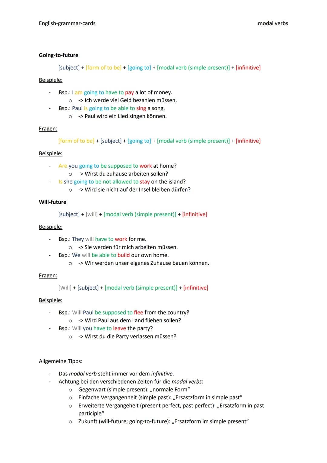 English-grammar-cards
2.2 modal verbs
Was?
Die Modalverben oder auch Hilfsverben genannt sind Verben, die Notwendigkeiten, Fähigkeiten oder
