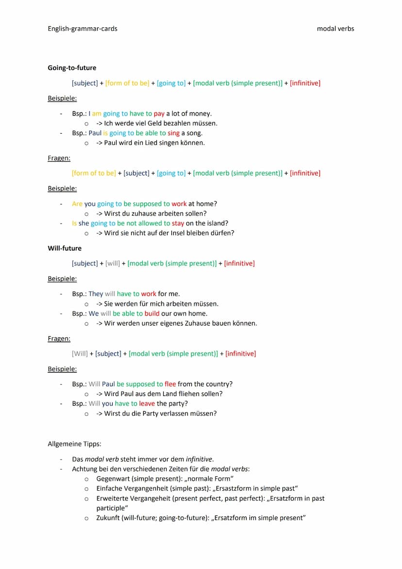 English-grammar-cards
2.2 modal verbs
Was?
Die Modalverben oder auch Hilfsverben genannt sind Verben, die Notwendigkeiten, Fähigkeiten oder
