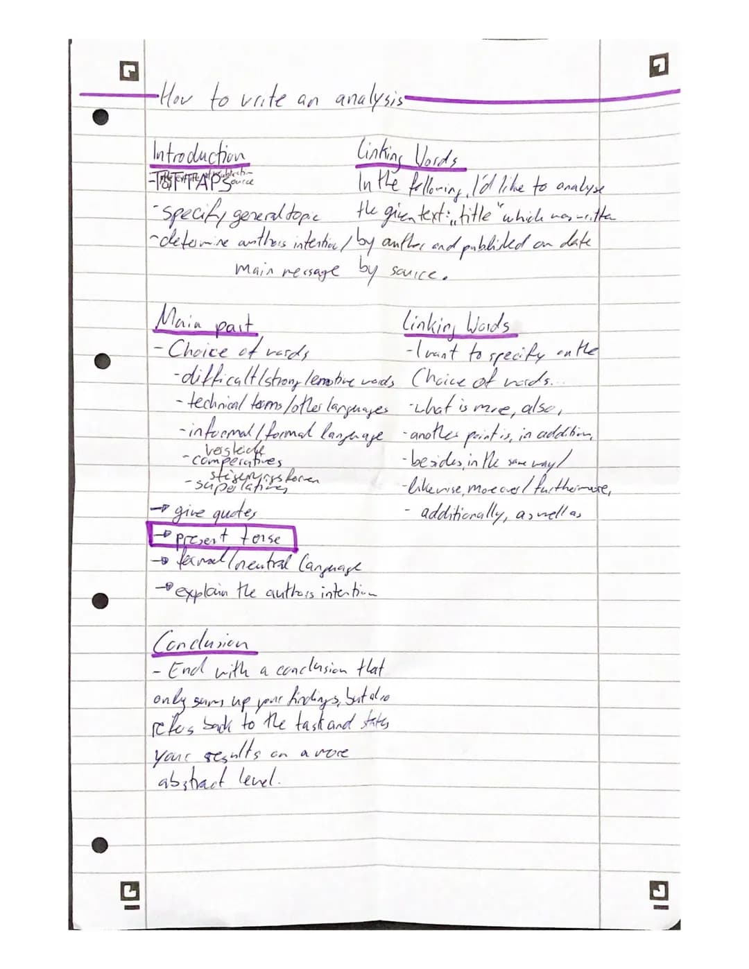 -How to write an analysis-
Linking Words
In the following I'd like to analyse
- Specity general topic the given text: title " which was writ