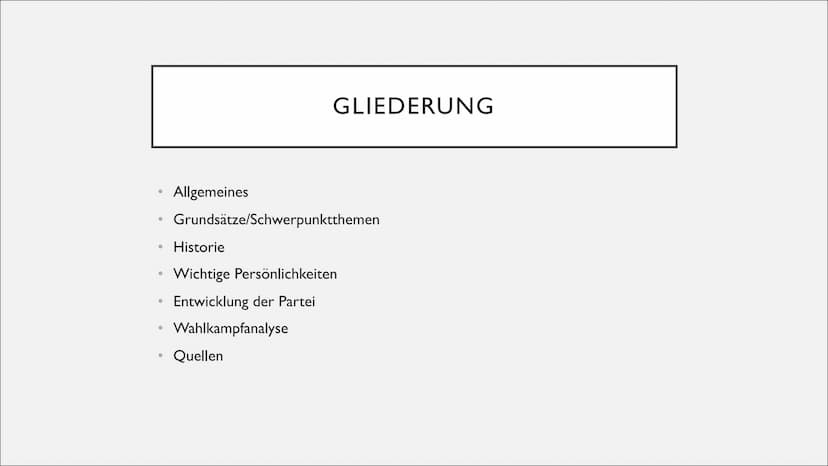 SPD ●
●
●
●
●
●
Allgemeines
GLIEDERUNG
Grundsätze/Schwerpunktthemen
Historie
Wichtige Persönlichkeiten
Entwicklung der Partei
Wahlkampfanaly