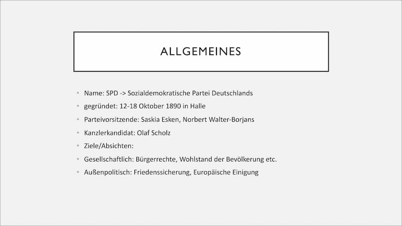 SPD ●
●
●
●
●
●
Allgemeines
GLIEDERUNG
Grundsätze/Schwerpunktthemen
Historie
Wichtige Persönlichkeiten
Entwicklung der Partei
Wahlkampfanaly