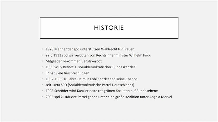SPD ●
●
●
●
●
●
Allgemeines
GLIEDERUNG
Grundsätze/Schwerpunktthemen
Historie
Wichtige Persönlichkeiten
Entwicklung der Partei
Wahlkampfanaly