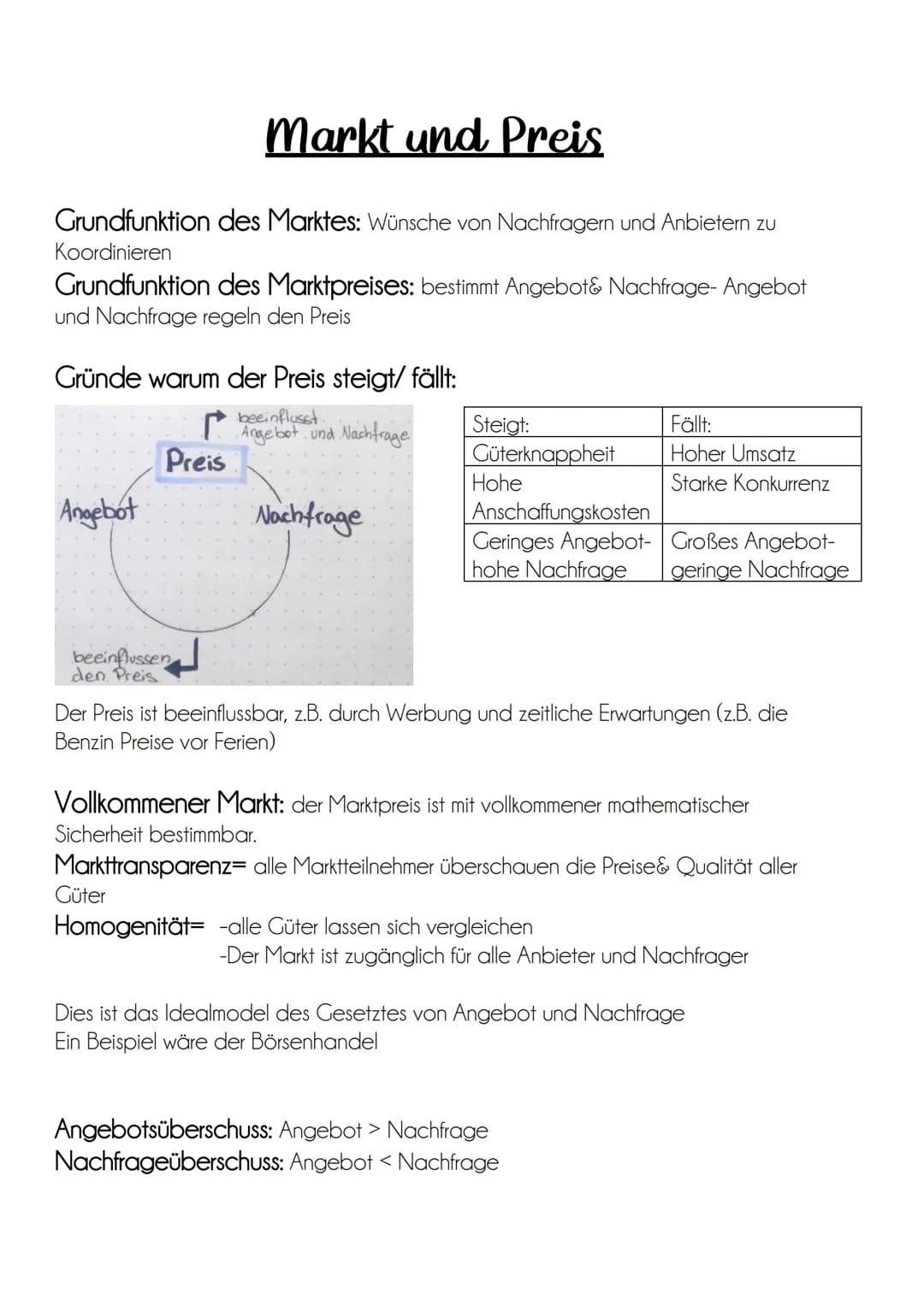 Markt und Preis
Grundfunktion des Marktes: Wünsche von Nachfragern und Anbietern zu
Koordinieren
Grundfunktion des Marktpreises: bestimmt An