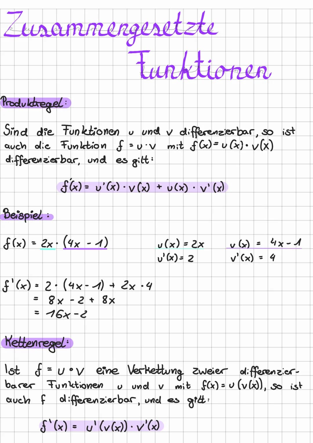 Zusammengesetzte
Funktionen
Produktregel:
Sind die Funktionen u und v differenzierbar, so ist
auch die Funktion f=U.V mit f(x) = u(x) • v(x)