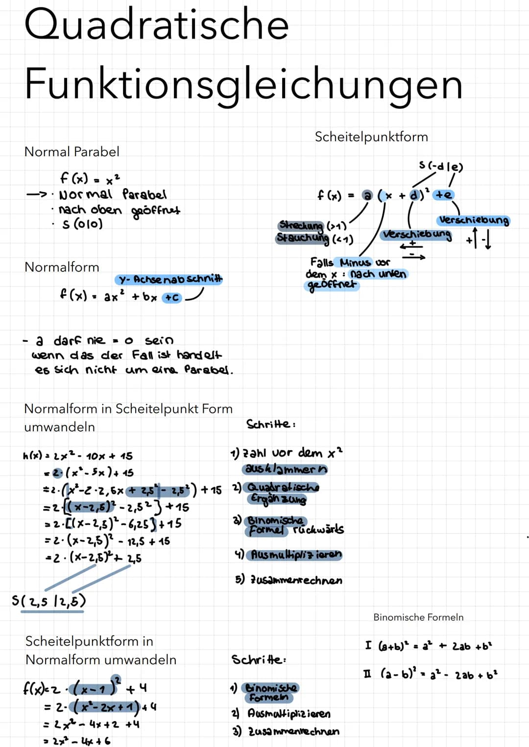 Quadratische
Funktionsgleichungen
Normal Parabel
f(x) = x²
-> Normal Parabel
.
-
.
nach oben geöffnet
s (010)
Normalform
f(x) = ax² + bx +c/