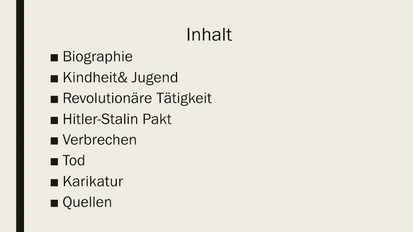 wys
JOSEF STALIN
Präsentation von Ilinca Michels Inhalt
■ Biographie
■ Kindheit& Jugend
■ Revolutionäre Tätigkeit
Hitler-Stalin Pakt
Verbrec