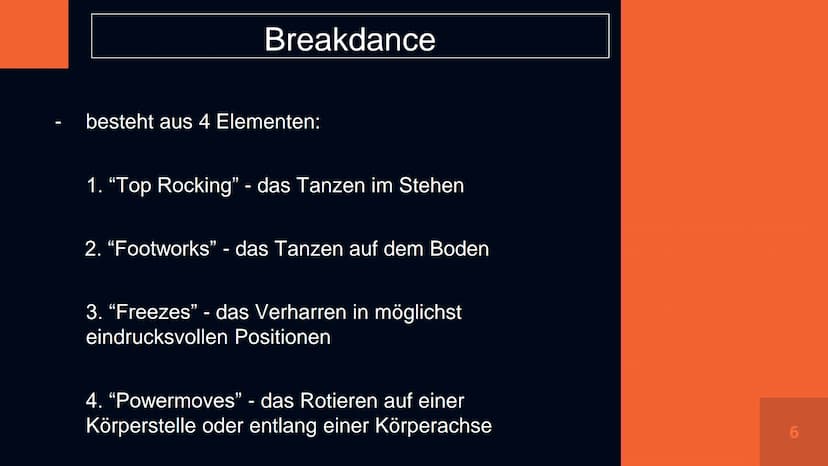 PROH
ELS
вина
HIP HOP
+₁
С
VI
ABC 1. Allgemeines
2. Herkunft des Namens
3. Entwicklung des Tanzes
4. Tanzstile
Verlauf
5. Techniken des ,,Br