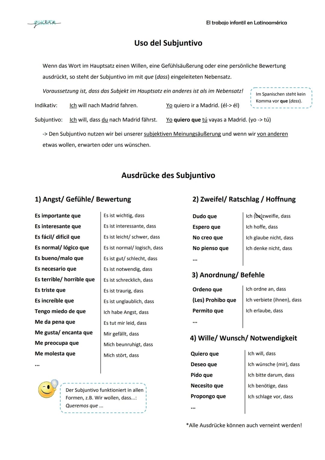 julie
Uso del Subjuntivo
Wenn das Wort im Hauptsatz einen Willen, eine Gefühlsäußerung oder eine persönliche Bewertung
ausdrückt, so steht d
