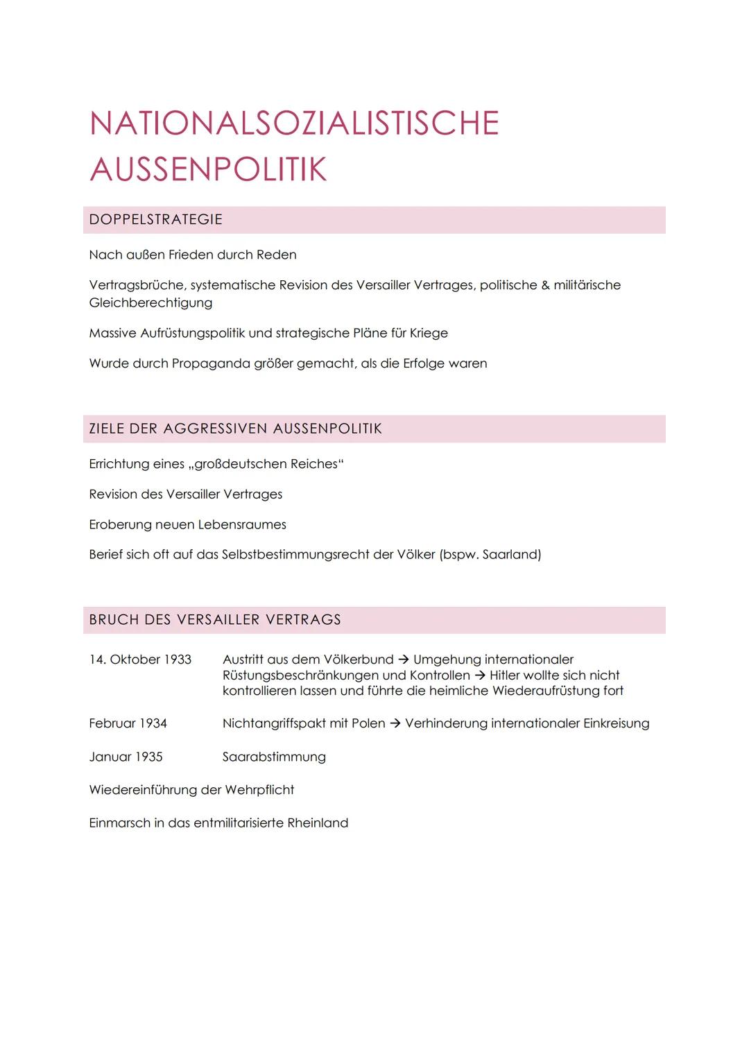 NATIONALSOZIALISTISCHE
AUSSENPOLITIK
DOPPELSTRATEGIE
Nach außen Frieden durch Reden
Vertragsbrüche, systematische Revision des Versailler Ve