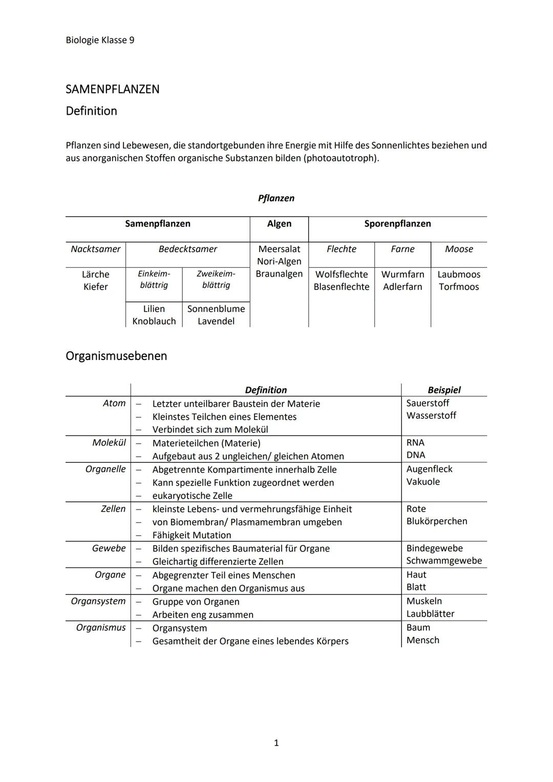 Biologie Klasse 9
SAMENPFLANZEN
Definition
Pflanzen sind Lebewesen, die standortgebunden ihre Energie mit Hilfe des Sonnenlichtes beziehen u