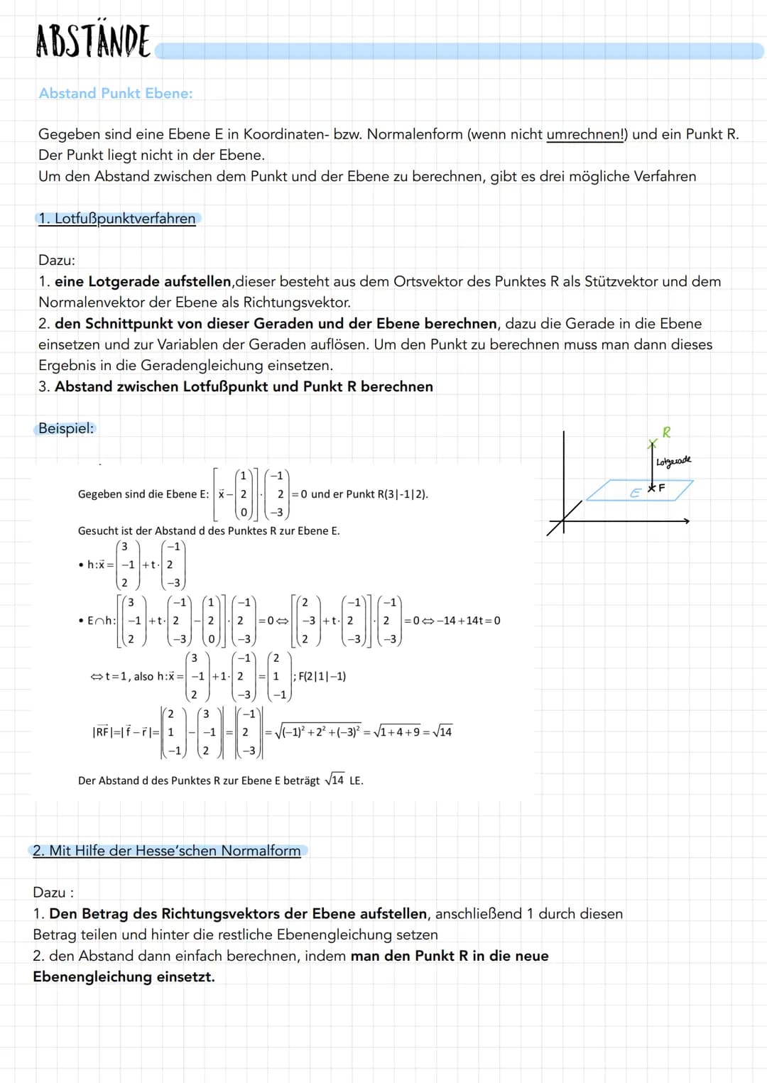 ABSTÄNDE
Abstand Punkt Ebene:
Gegeben sind eine Ebene E in Koordinaten- bzw. Normalenform (wenn nicht umrechnen!) und ein Punkt R.
Der Punkt