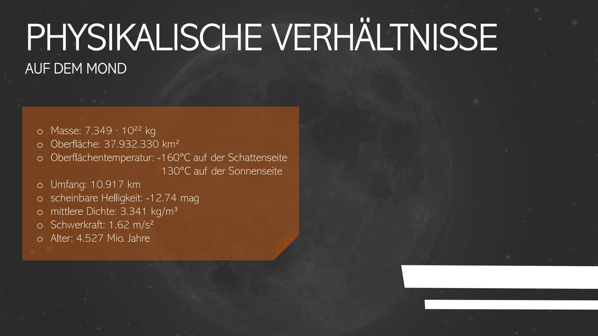 DER MOND
Eine Präsentation von Louis Jaekel GLIEDERUNG
o Physikalische Verhältnisse des Mondes
o Oberflächenformen des Mondes
o Bewegung des