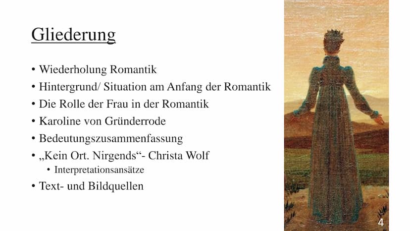 24
1
[₁
SAL
Die Frauen der Romantik
über Karoline von Günderode
9 Gliederung
Wiederholung Romantik
• Hintergrund/ Situation am Anfang der Ro