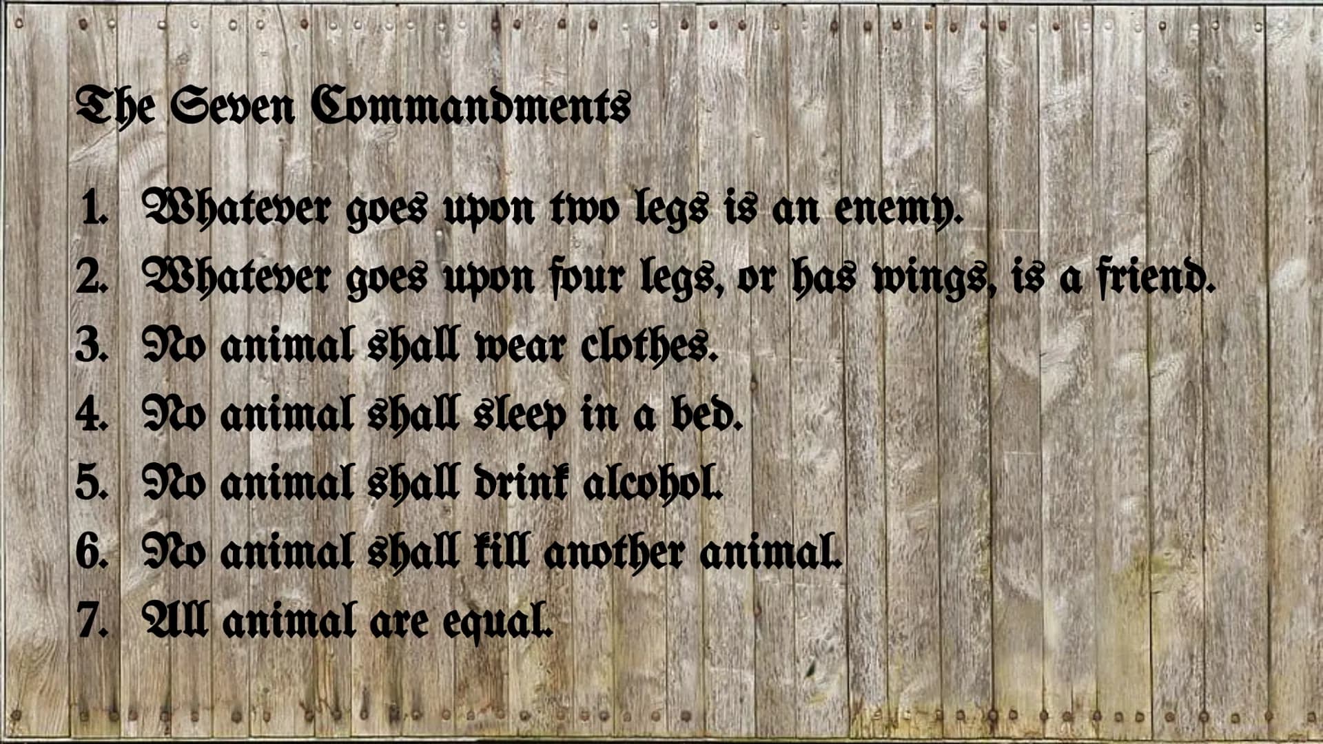 Name
1. Summary
O
O animals chase away humans and run the Manor farm on
their own
seven commandments for hamonic live are created &
everyone