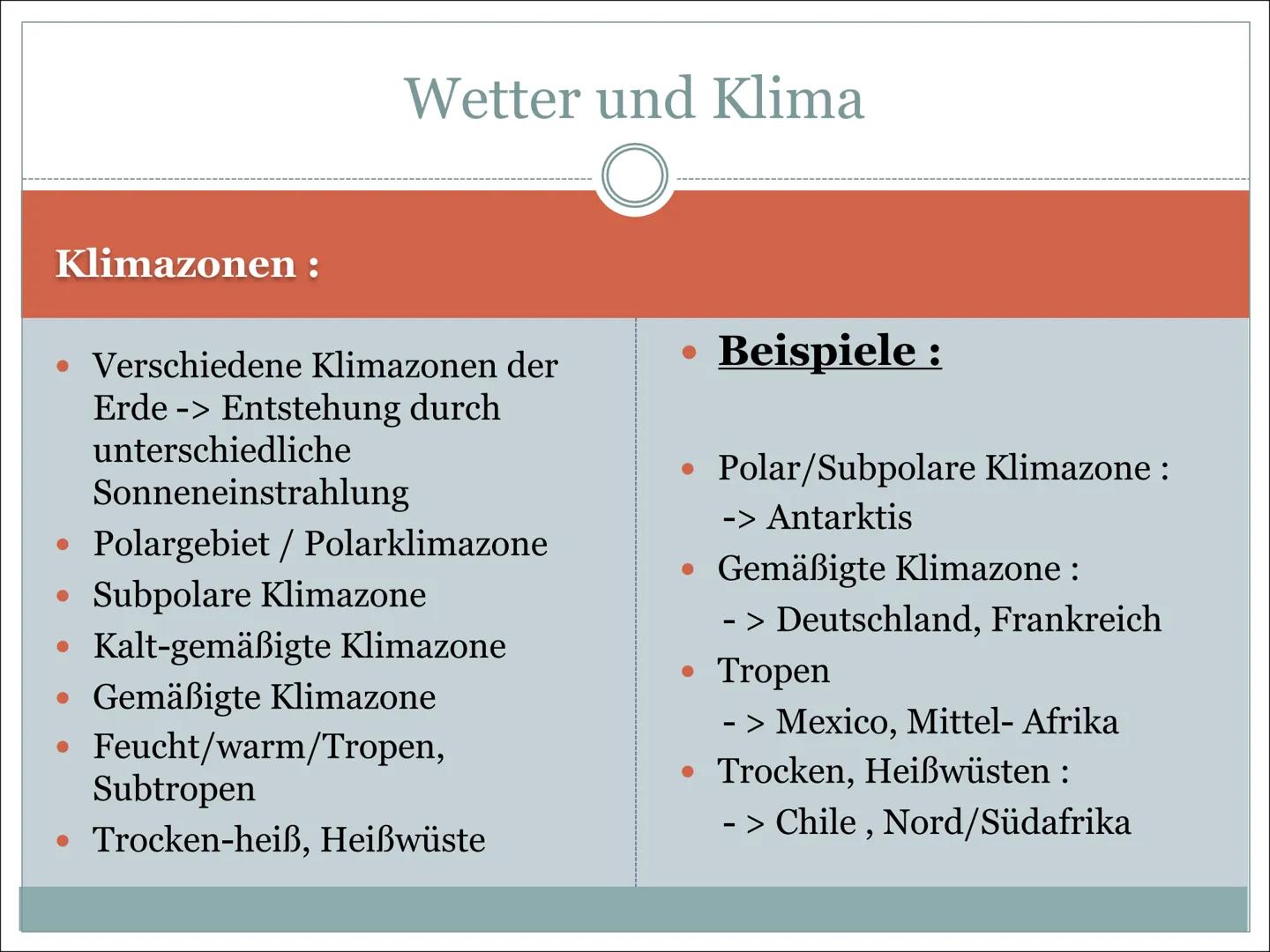 Wetter und Klima Handout
Beantworte alle Fragen zur Power Point Präsentation
1. Was bedeutet Klima/ Wetter ?
2. Nenne 2 Klimazonen mit jewei