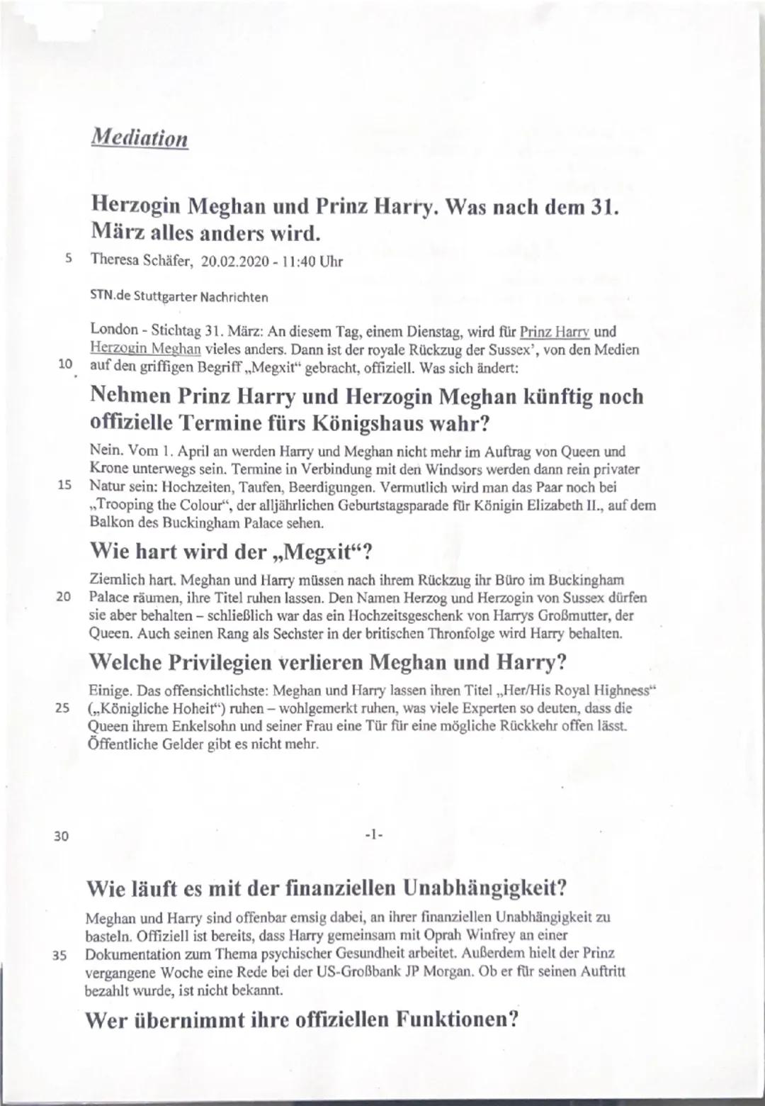 Klausur Englisch LK,

Teil 1: Mediation (30 Punkte)
✓ Mediate the main and most important information from the article "Herzogin Meghan
und 
