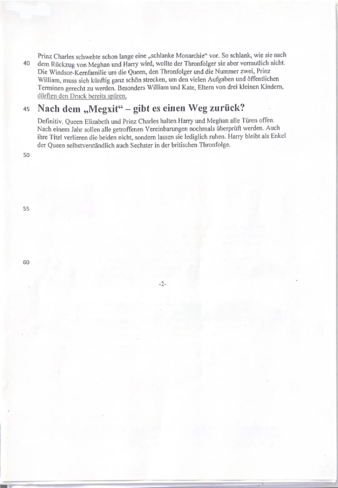 Klausur Englisch LK,

Teil 1: Mediation (30 Punkte)
✓ Mediate the main and most important information from the article "Herzogin Meghan
und 