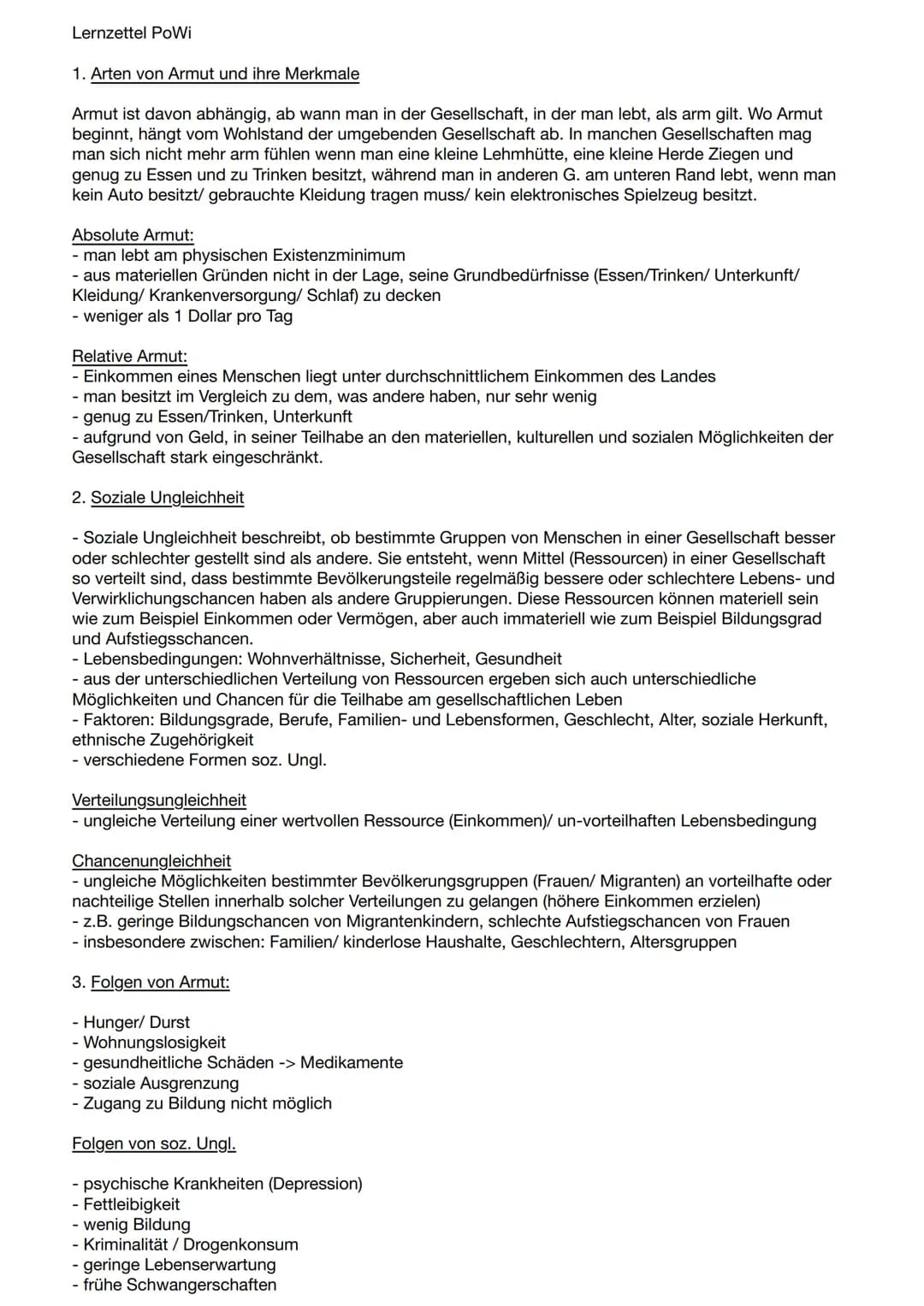 Lernzettel PoWi
1. Arten von Armut und ihre Merkmale
Armut ist davon abhängig, ab wann man in der Gesellschaft, in der man lebt, als arm gil