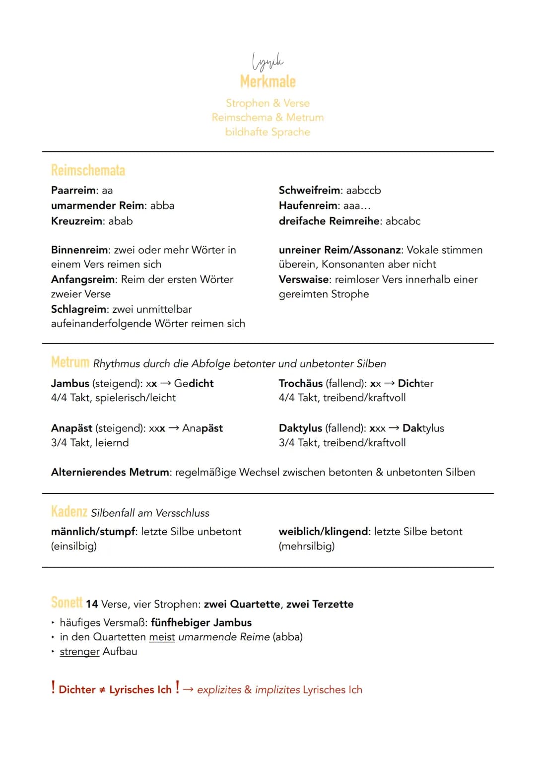 Reimschemata
Paarreim: aa
umarmender Reim: abba
Kreuzreim: abab
Strophen & Verse
Reimschema & Metrum
bildhafte Sprache
Binnenreim: zwei oder