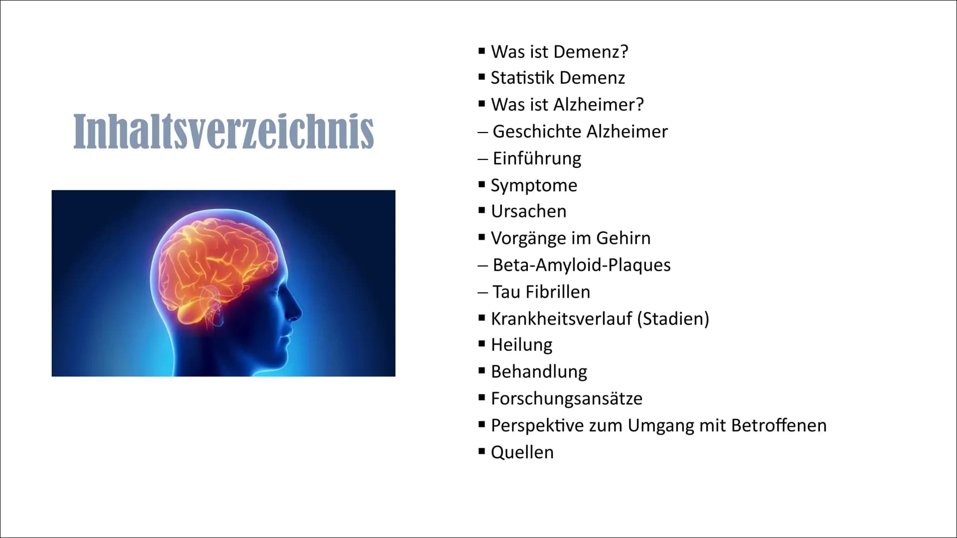 Alzheimer
Von Lina Inhaltsverzeichnis
▪ Was ist Demenz?
▪ Statistik Demenz
▪ Was ist Alzheimer?
- Geschichte Alzheimer
- Einführung
▪ Sympto