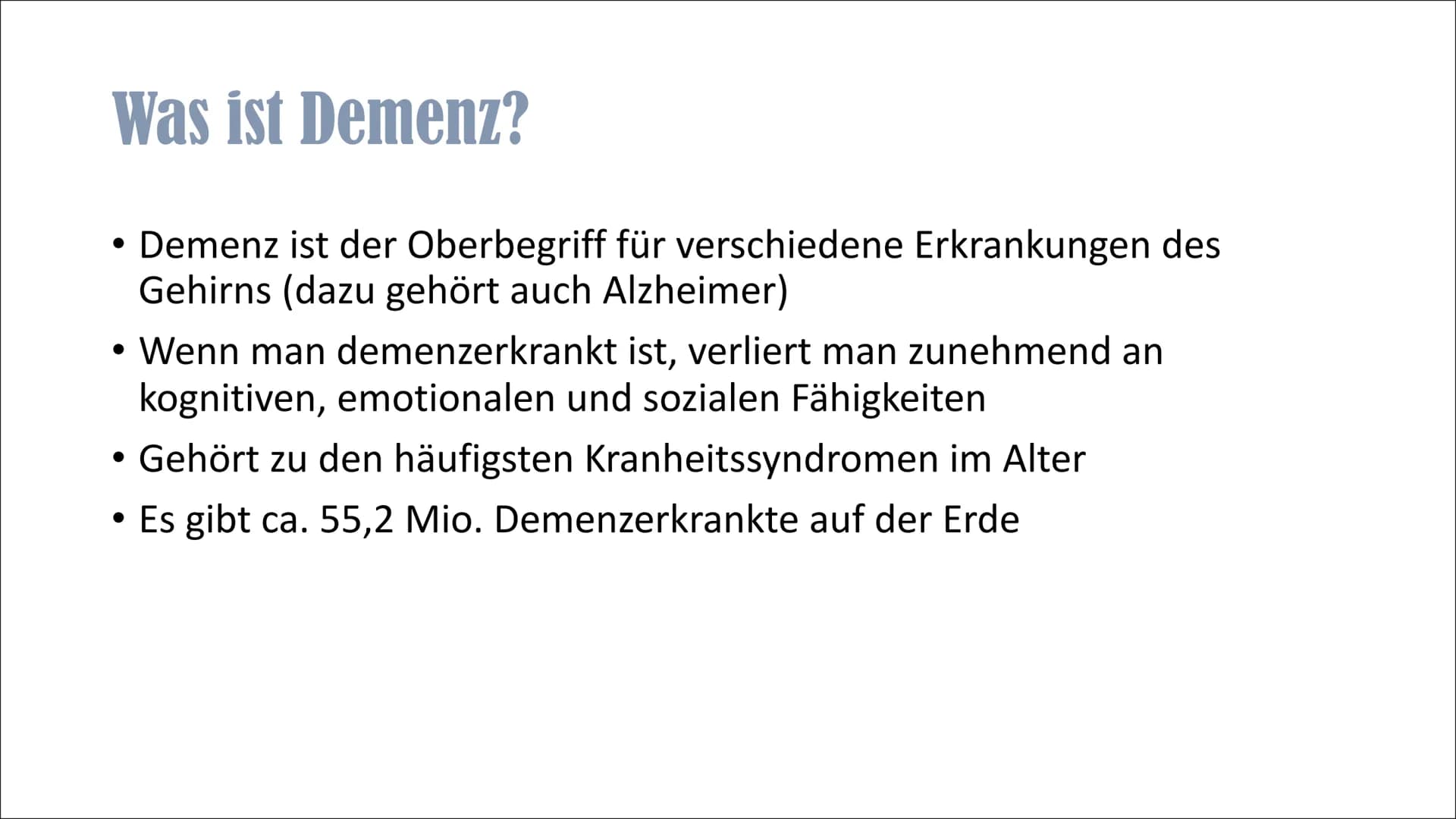 Alzheimer
Von Lina Inhaltsverzeichnis
▪ Was ist Demenz?
▪ Statistik Demenz
▪ Was ist Alzheimer?
- Geschichte Alzheimer
- Einführung
▪ Sympto