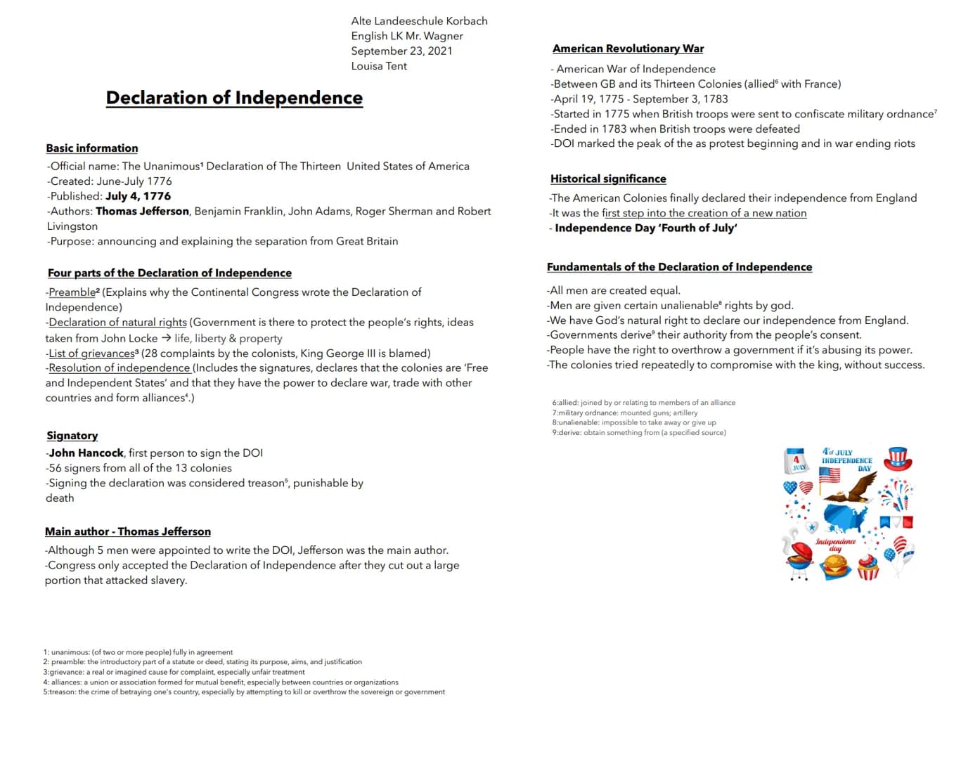 Alte Landeeschule Korbach
English LK Mr. Wagner
September 23, 2021
Louisa Tent
Declaration of Independence
Basic information
-Official name: