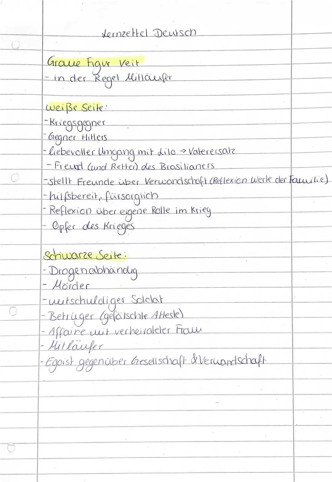 O
Lernzettel Deutsch
Graue Figur veit
-- in der Regel Mitläufer
weiße Seite:
-Kriegsgegner
Gegner Hitlers
- liebevoller Umgang mit Lilo → Va