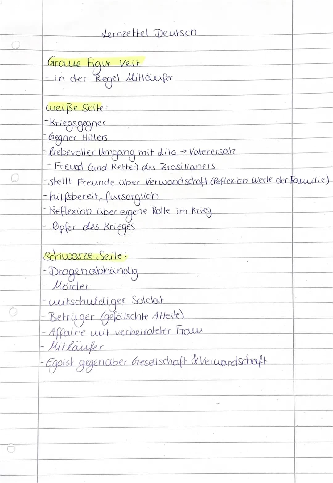 O
Lernzettel Deutsch
Graue Figur veit
-- in der Regel Mitläufer
weiße Seite:
-Kriegsgegner
Gegner Hitlers
- liebevoller Umgang mit Lilo → Va