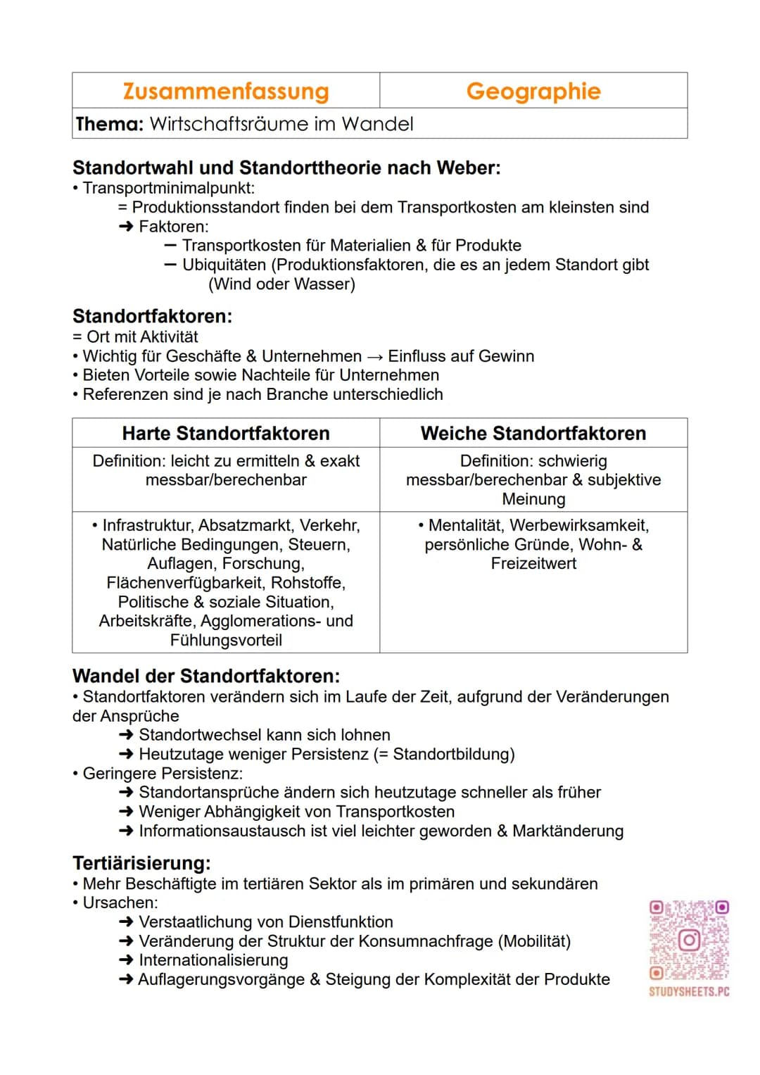 Zusammenfassung
Thema: Wirtschaftsräume im Wandel
Standortwahl und Standorttheorie nach Weber:
• Transportminimalpunkt:
= Produktionsstandor