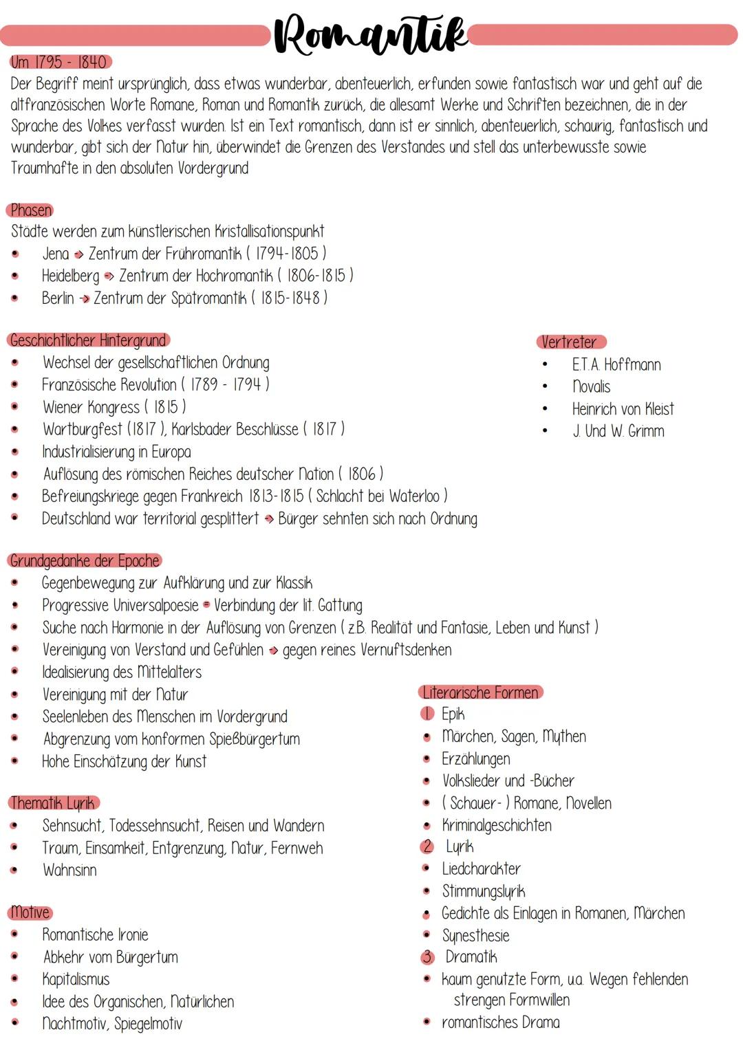 Romantik
Um 1795-1840
Der Begriff meint ursprünglich, dass etwas wunderbar, abenteuerlich, erfunden sowie fantastisch war und geht auf die
a