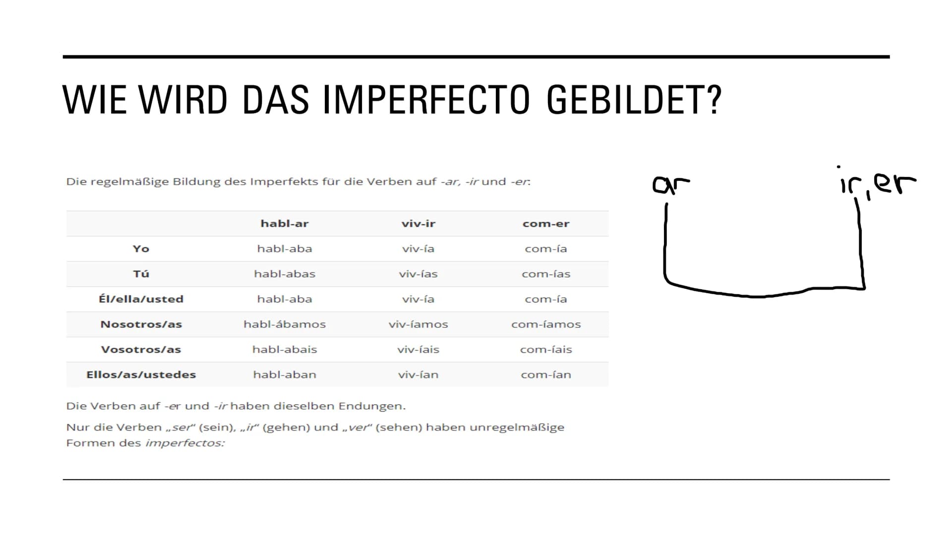 IMPERFECTO &
INDEFINIDO GRUNDLEGENDE INFORMATIONEN:
Beide Zeiten handeln von der Vergangenheit
Es gibt regelmäßige und unregelmäßige Verbfor