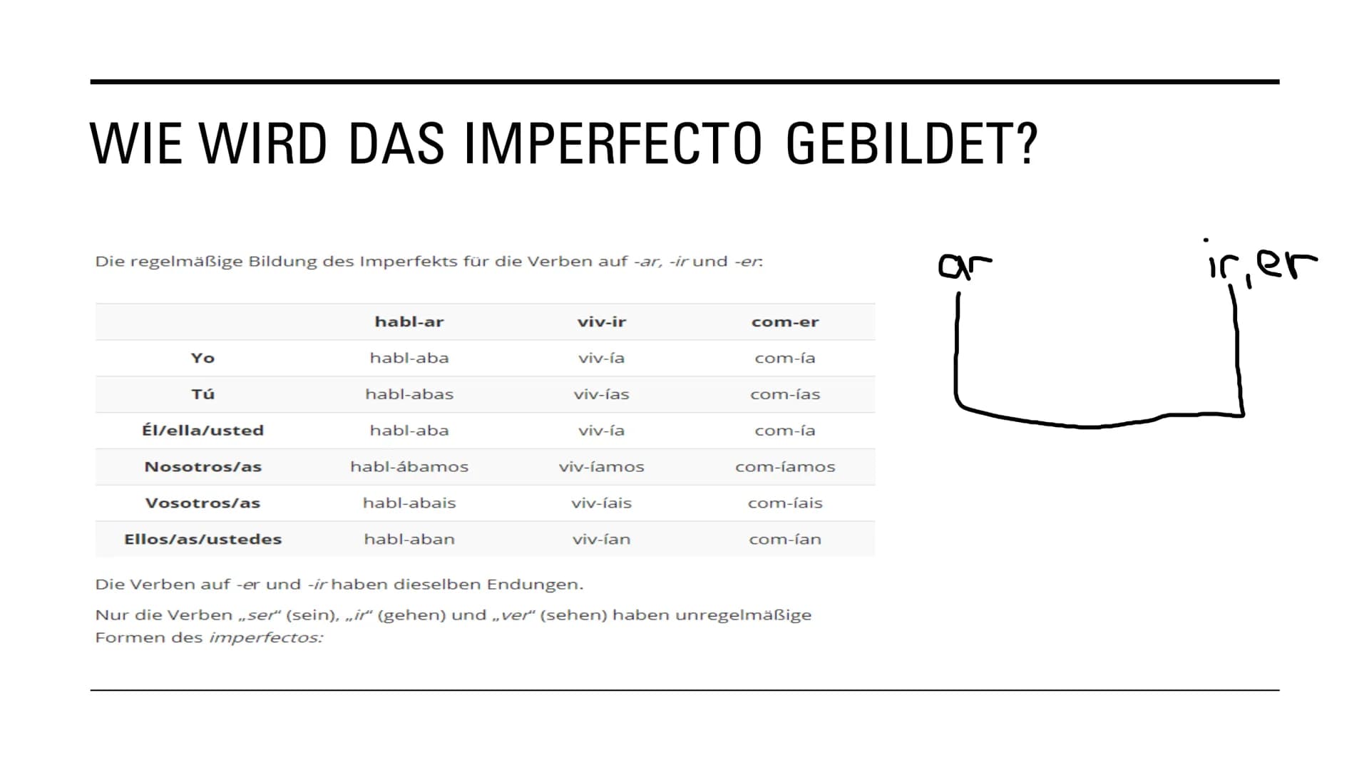 IMPERFECTO &
INDEFINIDO GRUNDLEGENDE INFORMATIONEN:
Beide Zeiten handeln von der Vergangenheit
Es gibt regelmäßige und unregelmäßige Verbfor