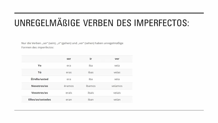 IMPERFECTO &
INDEFINIDO GRUNDLEGENDE INFORMATIONEN:
Beide Zeiten handeln von der Vergangenheit
Es gibt regelmäßige und unregelmäßige Verbfor
