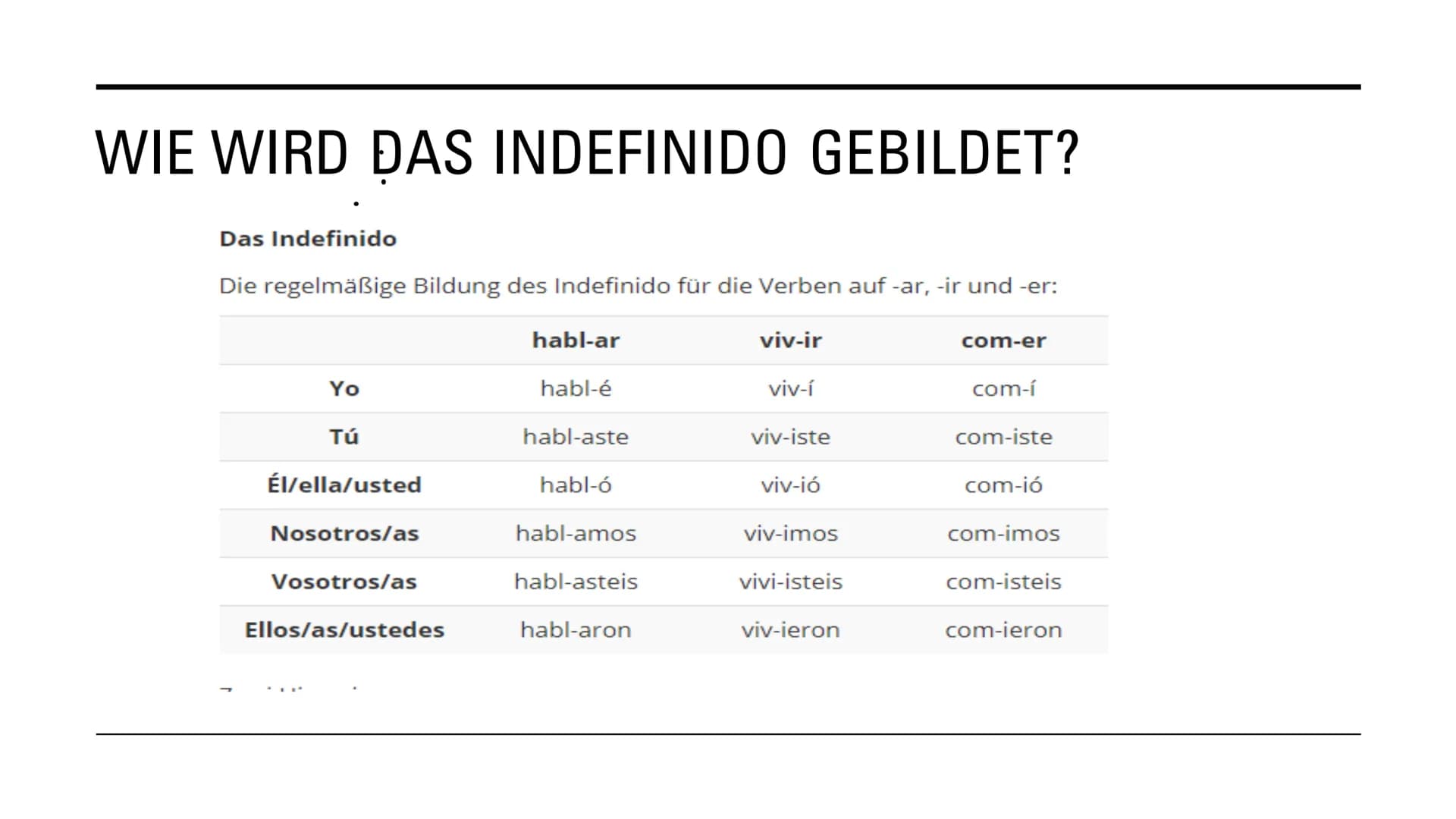 IMPERFECTO &
INDEFINIDO GRUNDLEGENDE INFORMATIONEN:
Beide Zeiten handeln von der Vergangenheit
Es gibt regelmäßige und unregelmäßige Verbfor