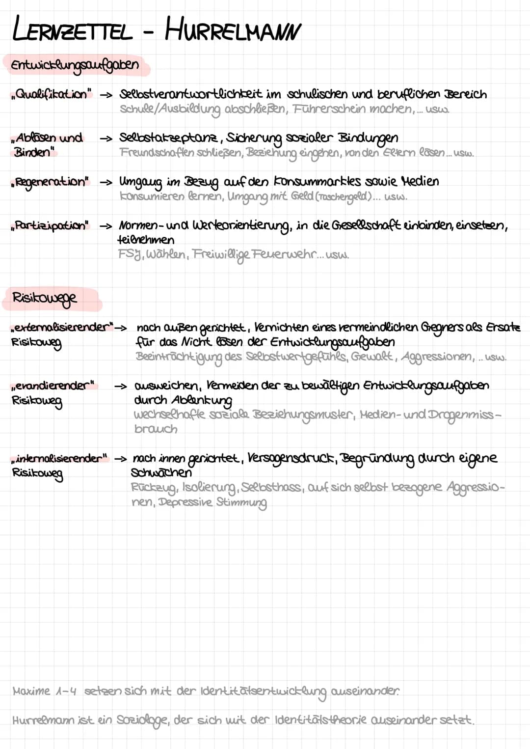 LERVZETTEL - HURRELMANN
Entwicklungsaufgaben
„Qualifikation" -> Selbstverantwortlichkeit im schulischen und beruflichen Bereich
Schule/Ausbi