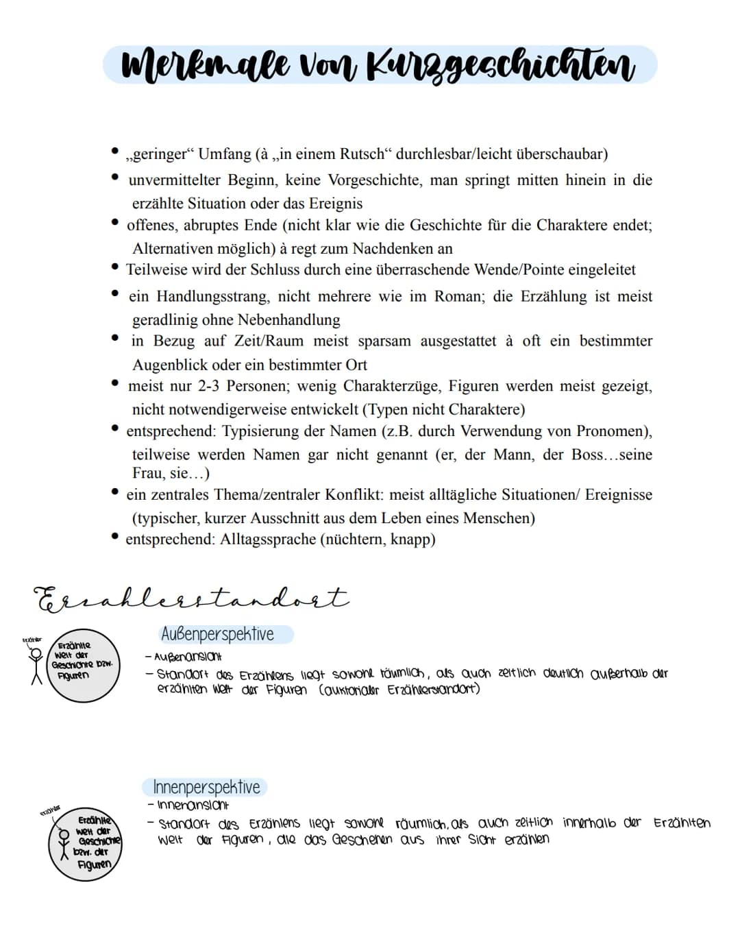 sonder
Merkmale von Kurzgeschichten
● ,,geringer" Umfang (à ,,in einem Rutsch" durchlesbar/leicht überschaubar)
unvermittelter Beginn, keine