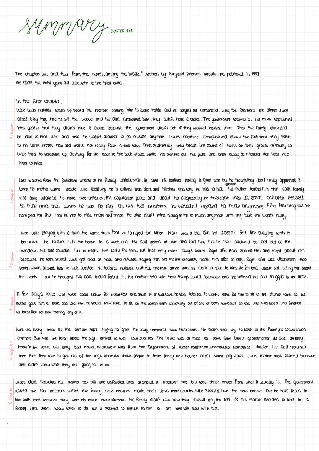 summary
Schapter
CHAPTER 1+1
The chapters one and two from the novel, among the hidden", written by Hagarot Peterson Haddix and published in