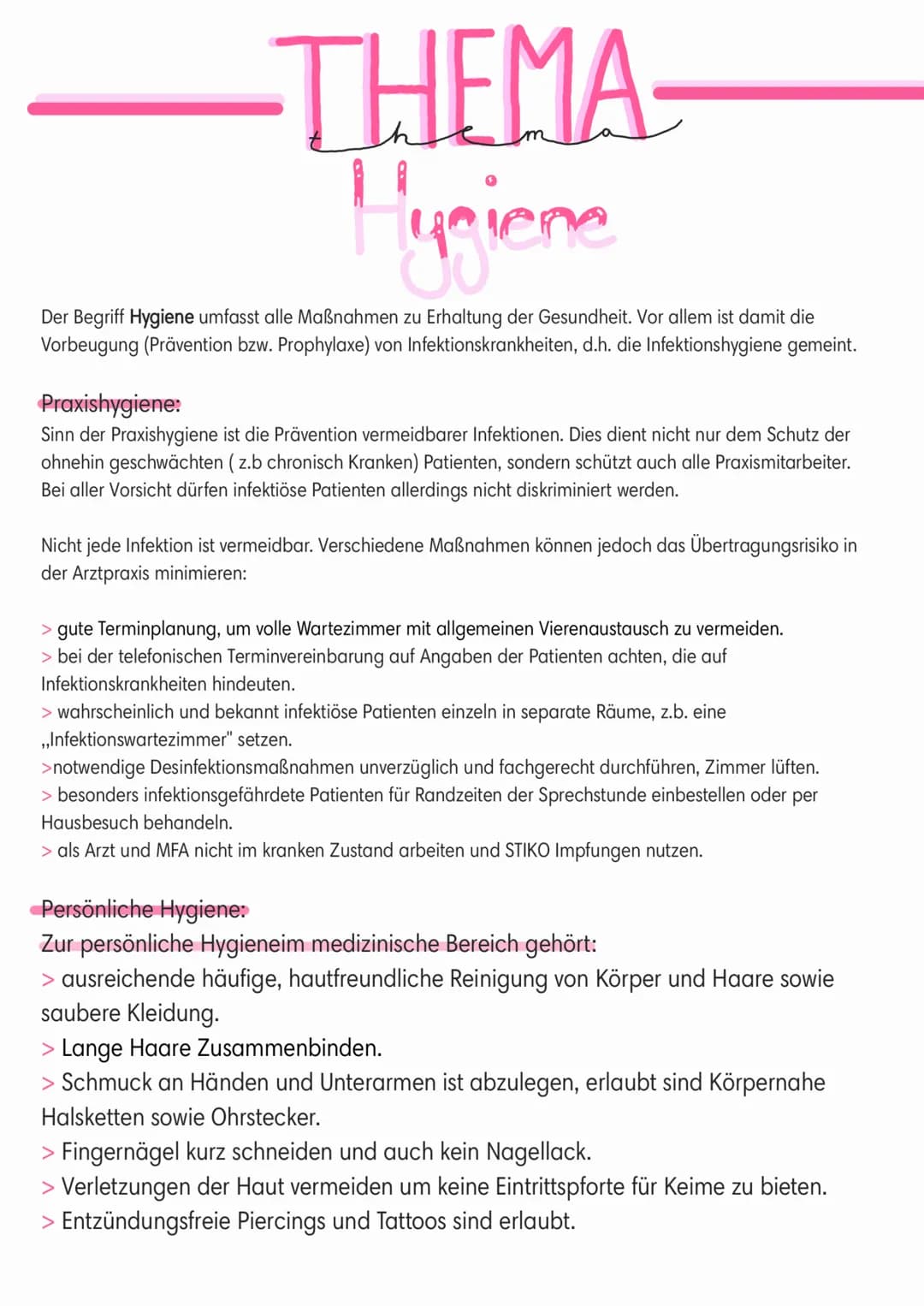 -THEMA-
Hygiene
Der Begriff Hygiene umfasst alle Maßnahmen zu Erhaltung der Gesundheit. Vor allem ist damit die
Vorbeugung (Prävention bzw. 