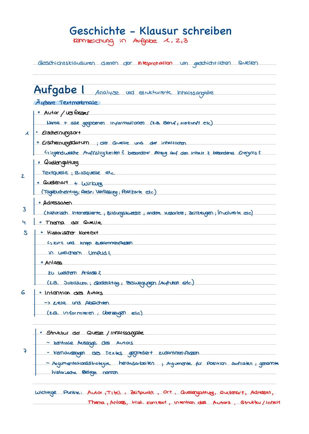 # Geschichte - Klausur schreiben
Kennzeichung in Aufgabe 1,2,3

Geschichtsklausuren dienen der interpretation von geschichtlichen.

# Aufgab