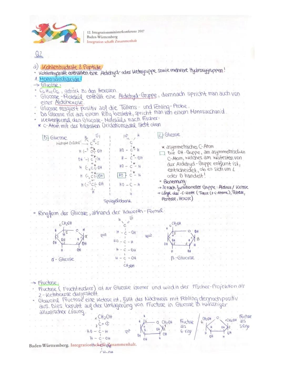 12. Integrationsministerkonferenz 2017
Baden-Württemberg
Integration schafft Zusammenhalt

Q2

a) Kohlenhydrate & Peptide
*   Kohlenhydrate 