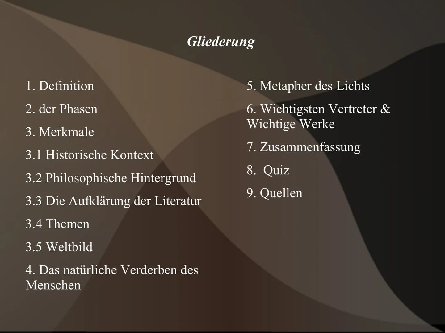 Die Epoche
Der Aufklärung
Von Alaa 11c Gliederung
1. Definition
2. der Phasen
3. Merkmale
3.1 Historische Kontext
3.2 Philosophische Hinterg