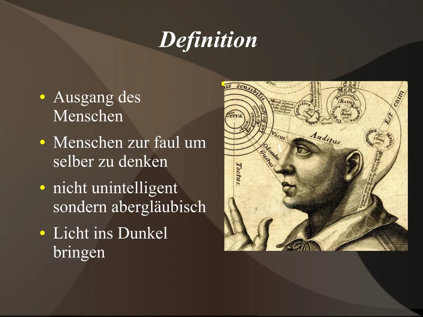 Die Epoche
Der Aufklärung
Von Alaa 11c Gliederung
1. Definition
2. der Phasen
3. Merkmale
3.1 Historische Kontext
3.2 Philosophische Hinterg