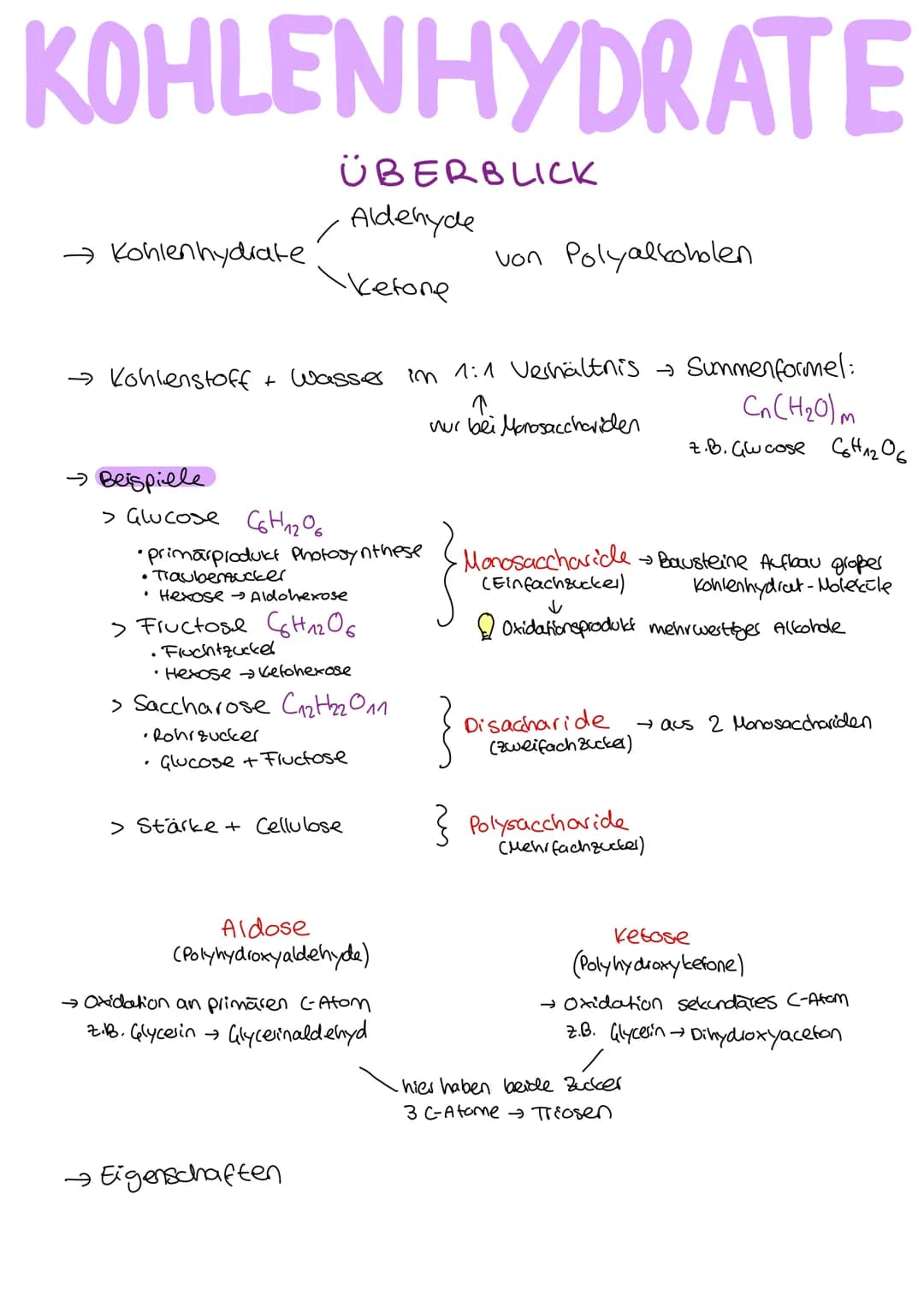 Organische Chemie
C
Lernzettel
Kohlenhydrate
1. Klausur
Q2
chemie LK KOHLENHYDRATE
ÜBERBLICK
Aldehyde
ketone
→ Kohlenhydrate
→ Kohlenstoff +