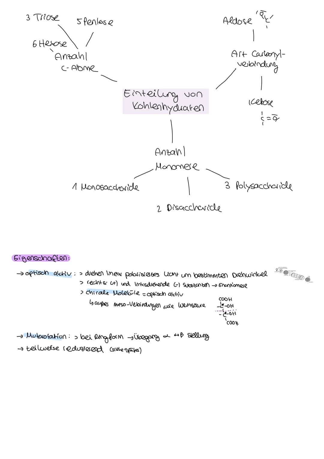 Organische Chemie
C
Lernzettel
Kohlenhydrate
1. Klausur
Q2
chemie LK KOHLENHYDRATE
ÜBERBLICK
Aldehyde
ketone
→ Kohlenhydrate
→ Kohlenstoff +