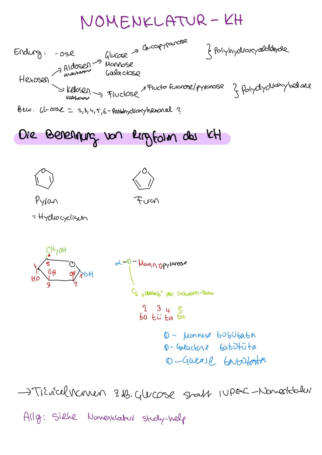 Organische Chemie
C
Lernzettel
Kohlenhydrate
1. Klausur
Q2
chemie LK KOHLENHYDRATE
ÜBERBLICK
Aldehyde
ketone
→ Kohlenhydrate
→ Kohlenstoff +