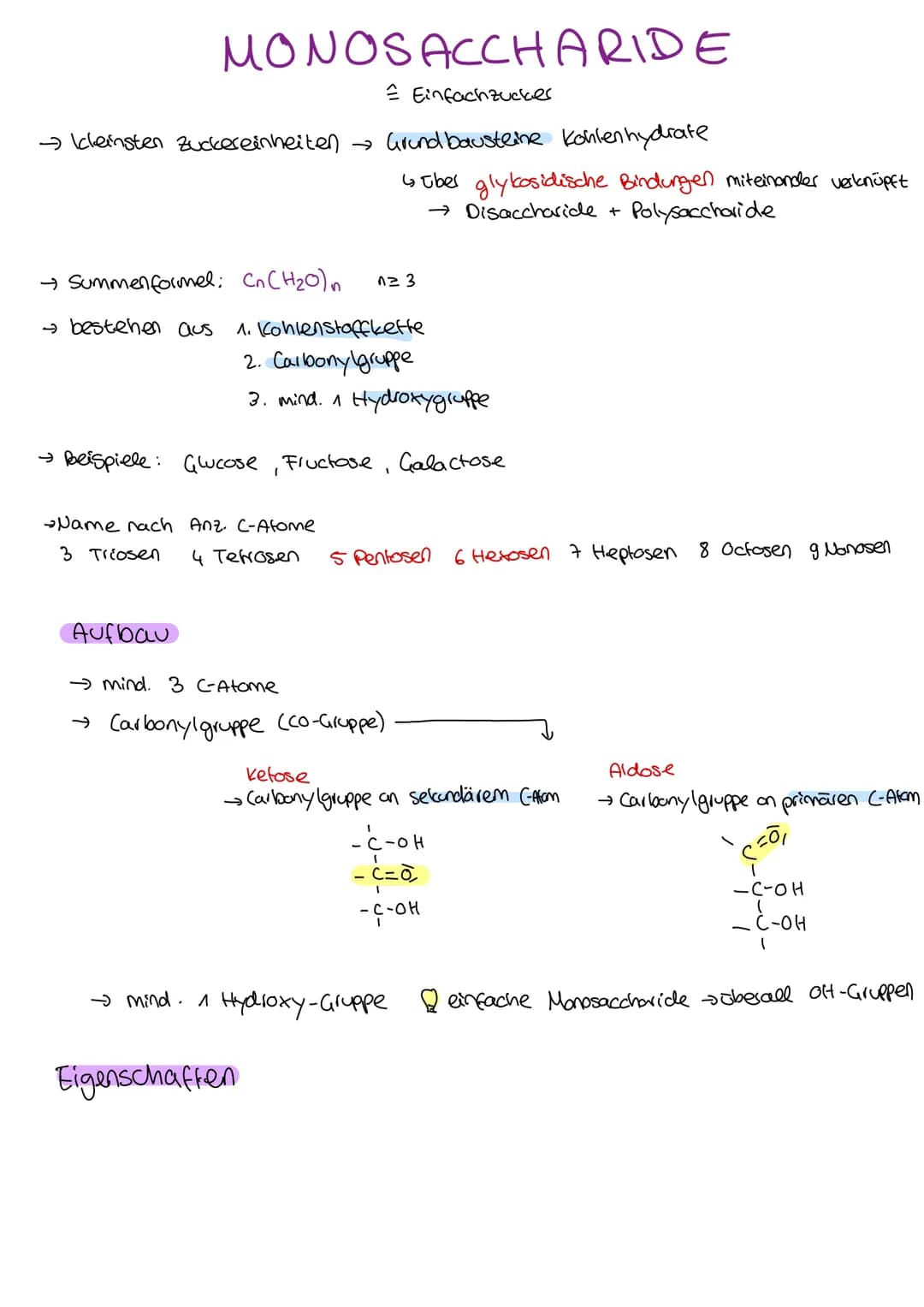 Organische Chemie
C
Lernzettel
Kohlenhydrate
1. Klausur
Q2
chemie LK KOHLENHYDRATE
ÜBERBLICK
Aldehyde
ketone
→ Kohlenhydrate
→ Kohlenstoff +