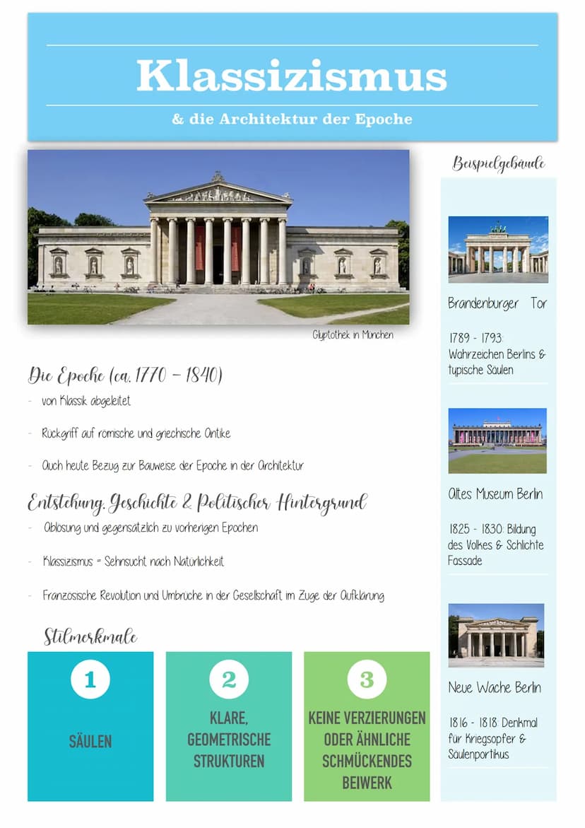 Klassizismus
& die Architektur der Epoche
Die Epoche (ca. 1770-1840)
von Klassik abgeleitet
Rückgriff auf römische und griechische antike
au
