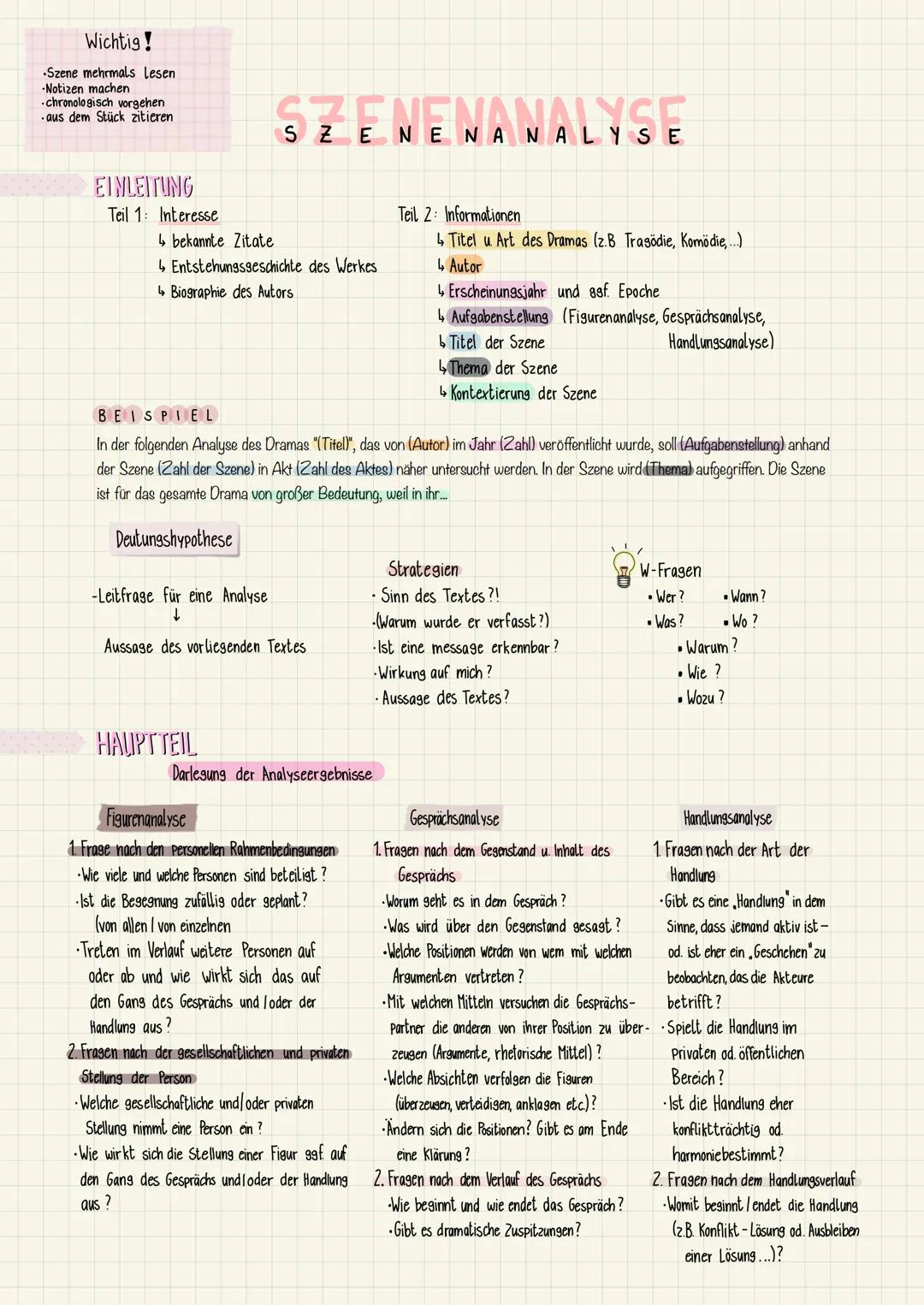 Wichtig!
-Szene mehrmals Lesen
-Notizen machen
-chronologisch vorgehen
-aus dem Stück zitieren

SZENENANALYSE

EINLEITUNG
Teil 1: Interesse
