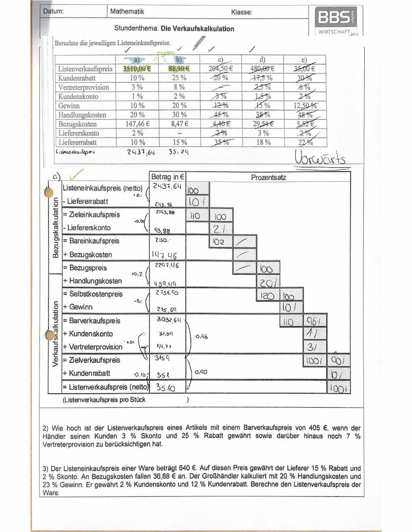 Kalkulation
-Vorwärts, Rückwärls- Differenz
Vorwärts kalkulation.
Betrag in €
35.29.
Bezugskalkulation
Listene inkaufspreis (netto)
- Liefer